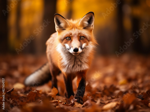 A majestic red fox gracefully races through a forest adorned with autumn leaves