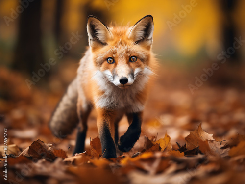 The wilderness comes alive as a red fox dashes through a forest adorned with fall colors © Llama-World-studio