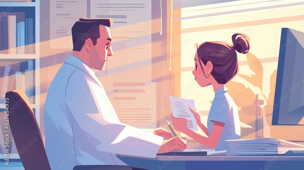A doctor in uniform is seated at a desk in the hospital office meticulously reviewing a prescription on paper during a clinic appointment The medical professional is engrossed in a conversa A doctor in uniform is seated at a desk in the hospital office meticulously reviewing a prescription on paper during a clinic appointment The medical professional is engrossed in a conversa