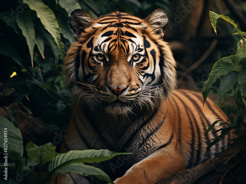 A tiger's portrait amidst jungle greenery, a symbol of untamed grace