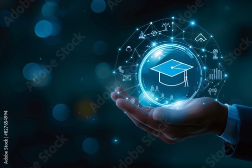 Hand holding virtual graduation cap, representing online education and technology in learning, with futuristic digital interface. 