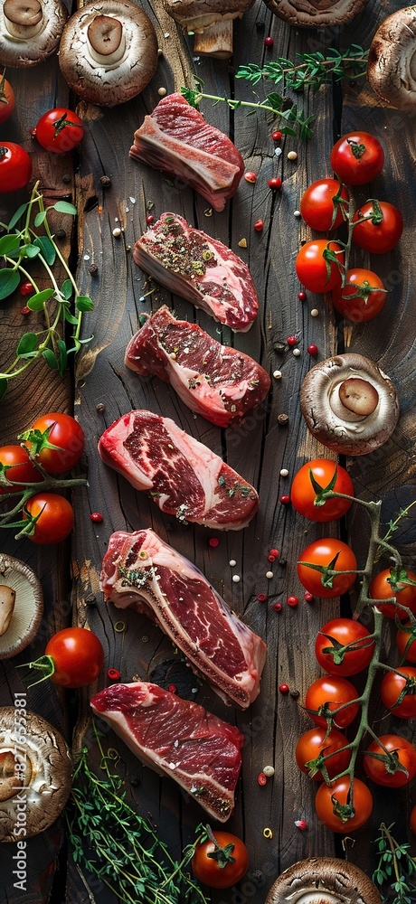 delicious raw beef steaks and vegetables on a black background delicious raw beef steaks and vegetables on a black background