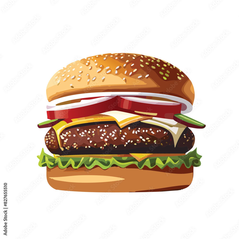 Big juicy cheeseburger with lettuce, tomatoes, onions, sesame seeds on bun Big juicy cheeseburger with lettuce, tomatoes, onions, sesame seeds on bun