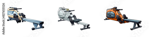 Set of three rowing machines, ideal for fitness and gym equipment designs.