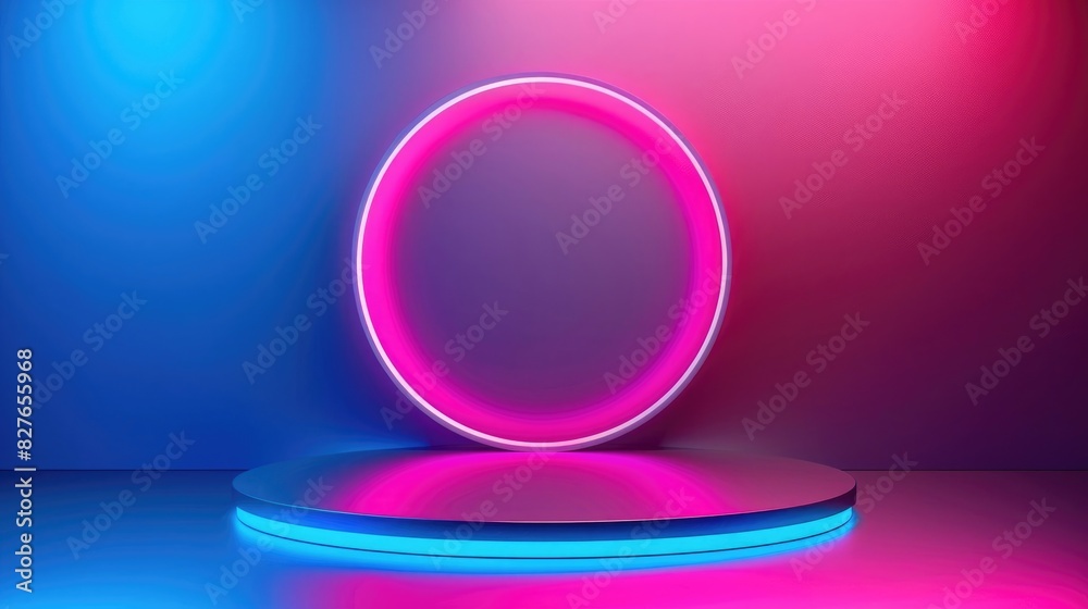 Abstract background with podium for product presentation, neon lights, blue and pink colors,