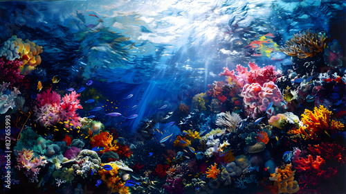 A colorful coral reef teeming with marine life beneath the ocean surface