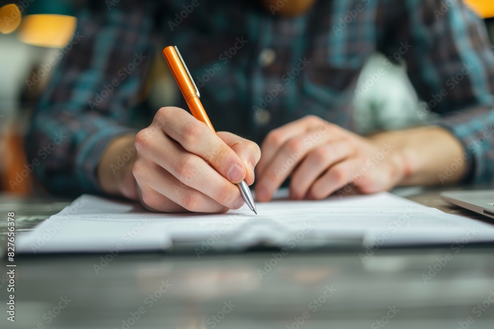 A man is writing with a pen on a piece of paper A man is writing with a pen on a piece of paper