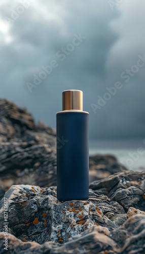Blue bottle with gold cap on rocky seashore.