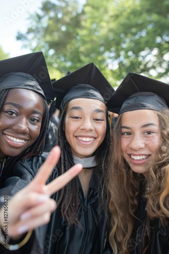 Happy diverse graduates celebrate their achievement in caps and gowns, smiling on graduation day outdoors.