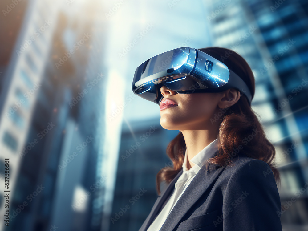 Woman immersed in virtual reality experience Woman immersed in virtual reality experience