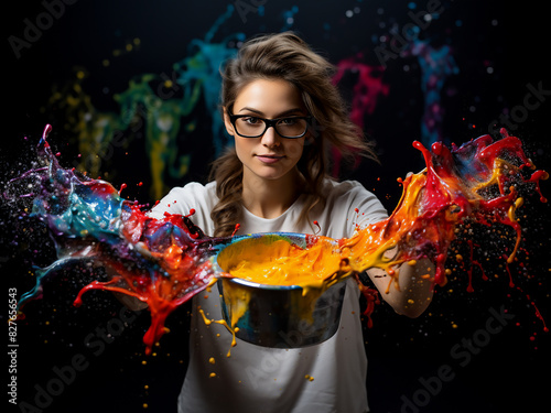 Creative businesswoman splatters paint from container