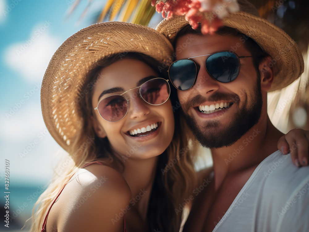 Smiling couple savors summer days on a tropical shore Smiling couple savors summer days on a tropical shore