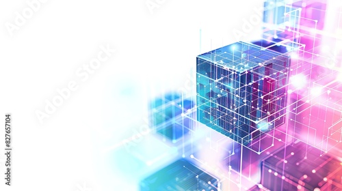 Floating blockchain cube on air, isolated on white background close up, focus on, copy space bright and vibrant colors Double exposure silhouette with digital network