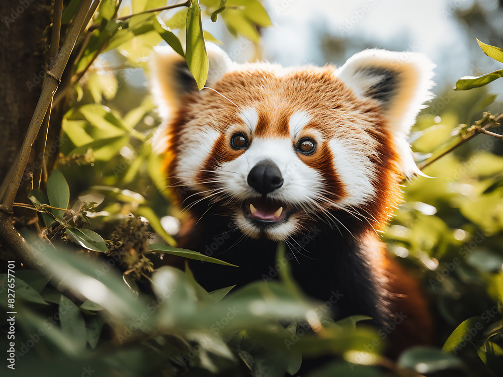 Red panda, amidst nature, munches on bamboo while meeting the camera Red panda, amidst nature, munches on bamboo while meeting the camera