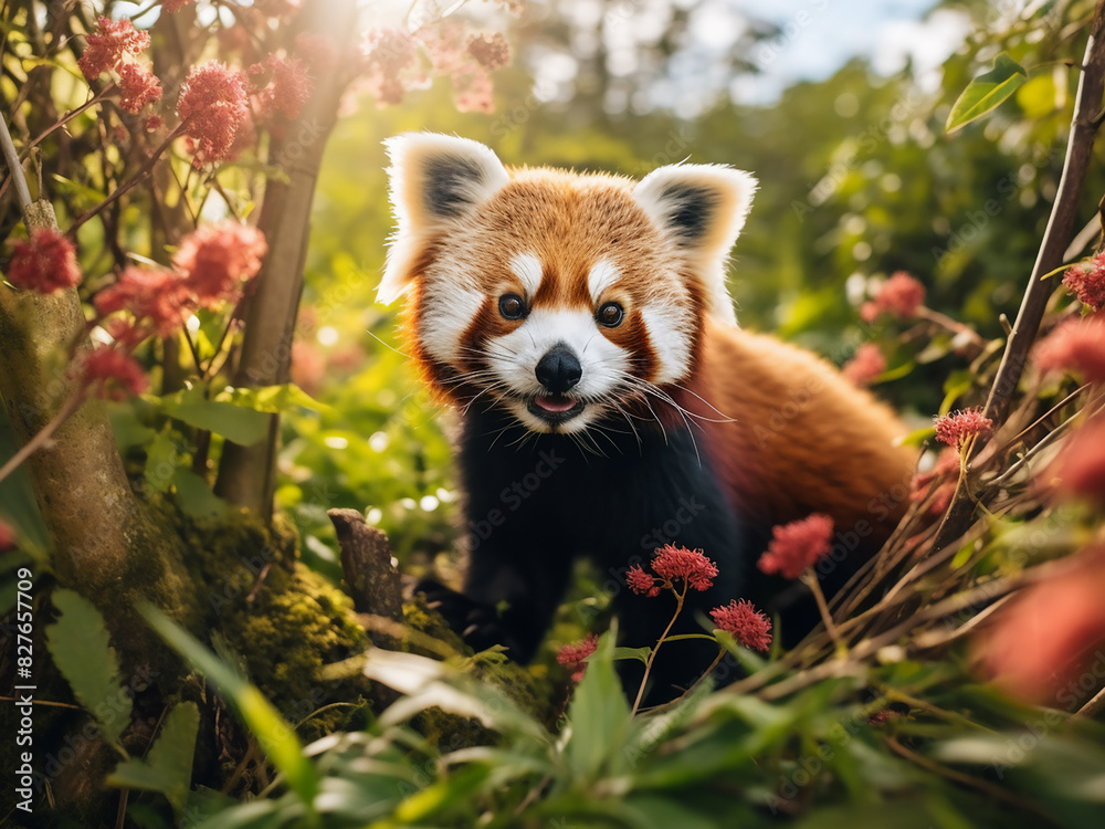 Curious encounter Red panda munching on bamboo, meeting the camera's gaze Curious encounter Red panda munching on bamboo, meeting the camera's gaze