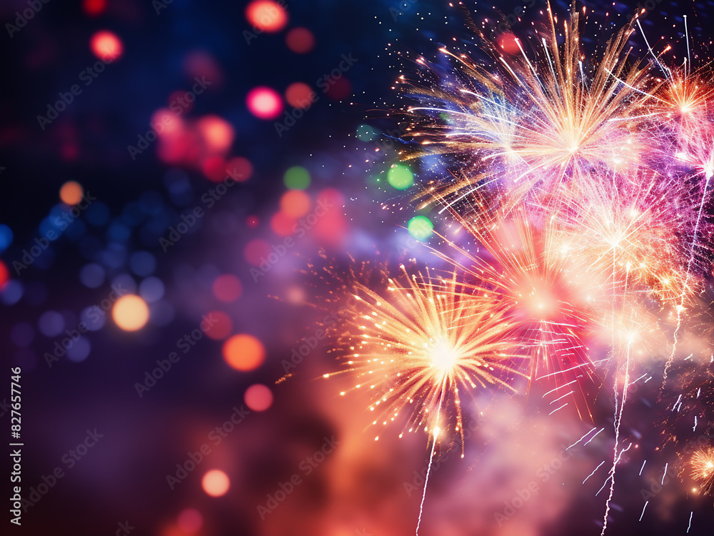 A dazzling display of fireworks against a backdrop of soft bokeh lights A dazzling display of fireworks against a backdrop of soft bokeh lights