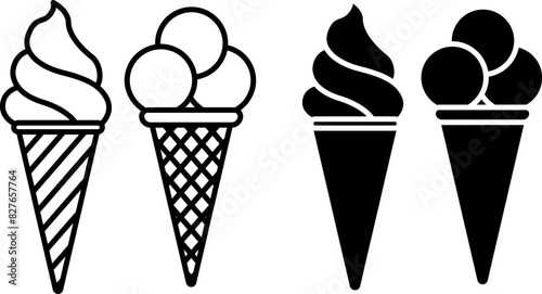 Ice cream icons. Black and White Vector Icons of Delicious Ice Cream in a Waffle Cup. Sweet Dessert. Summer Concept