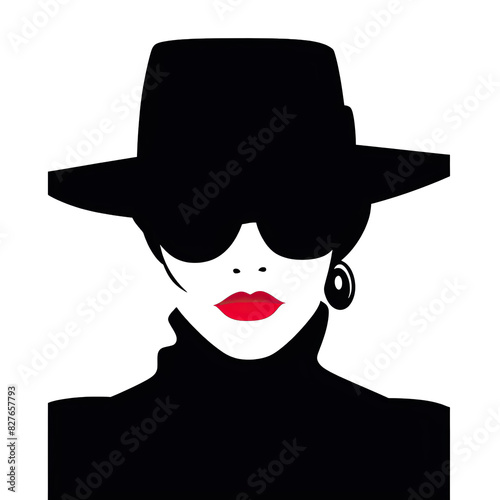 Anonyme Frau Porträt mit Hut schwarz-weiß rot Illustration isoliert transparent Hintergrund photo
