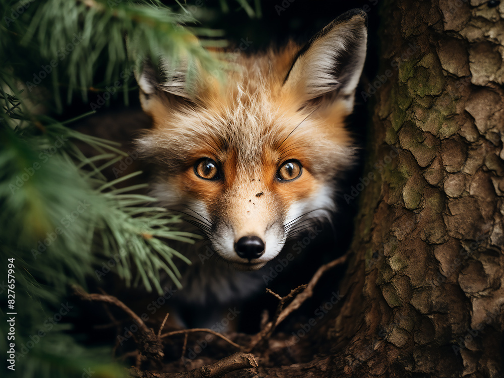 Fototapeta premium Fox conceals itself behind tree in UK woodland