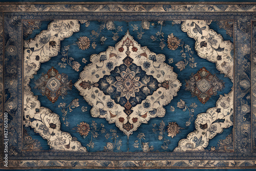 A blue rug with a white floral pattern fills the frame. The floral pattern features large white flowers with intricate details. The rug has a short, woven pile.
