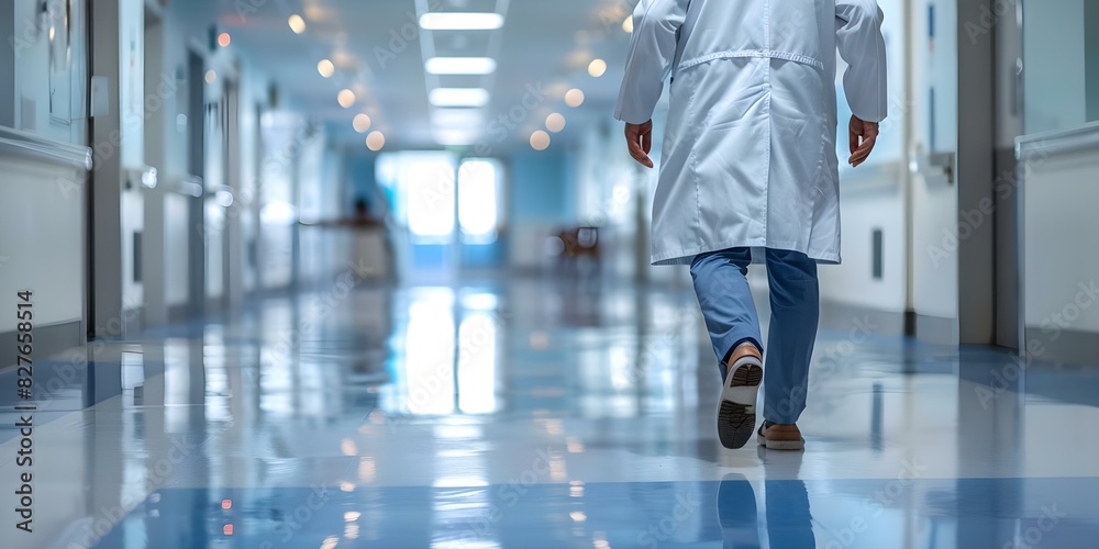 Fototapeta premium Confident Medical Professional in White Coat Heading Towards Clinic. Concept Medical Professional, White Coat, Clinic, Confidence, Health Care