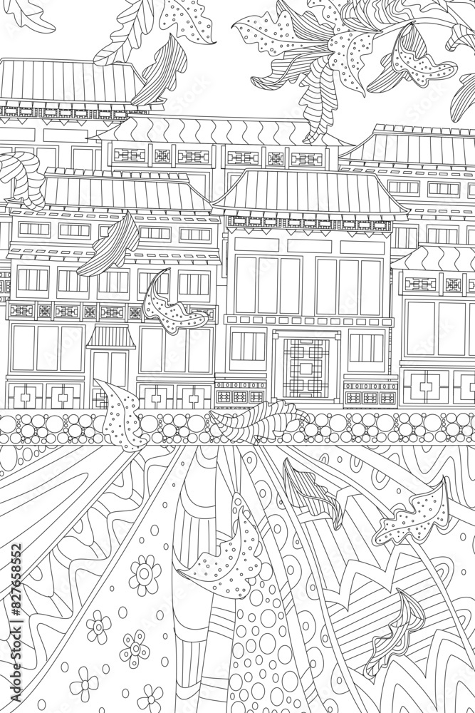 Obraz premium coloring book page for adults and children. autumn street of cut