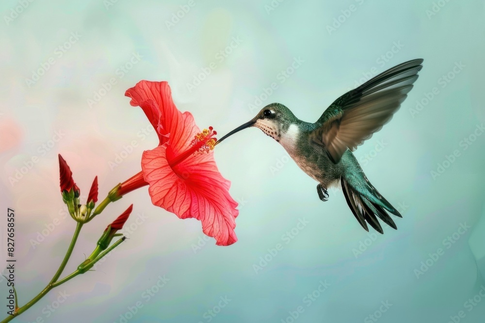 Naklejka premium A hummingbird with green and white plumage feeds from a pink hibiscus flower in a soft focused background.