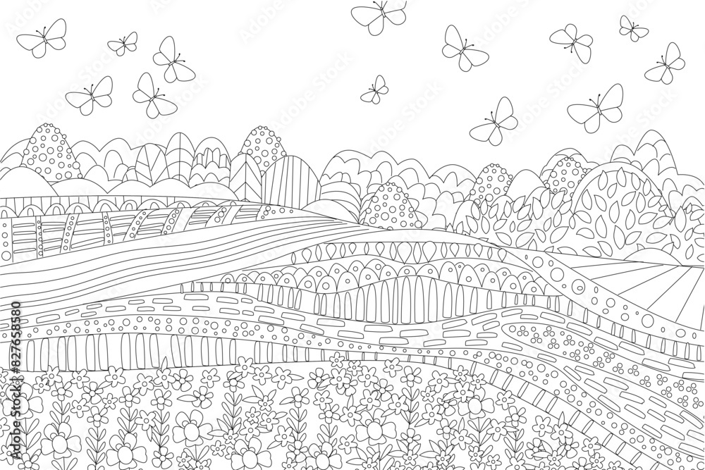Fototapeta premium coloring book page for adults and children. rustic scenic with b