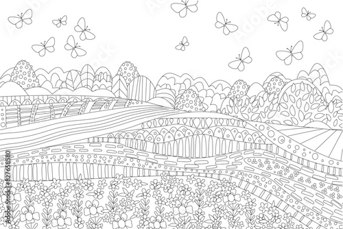 coloring book page for adults and children. rustic scenic with b