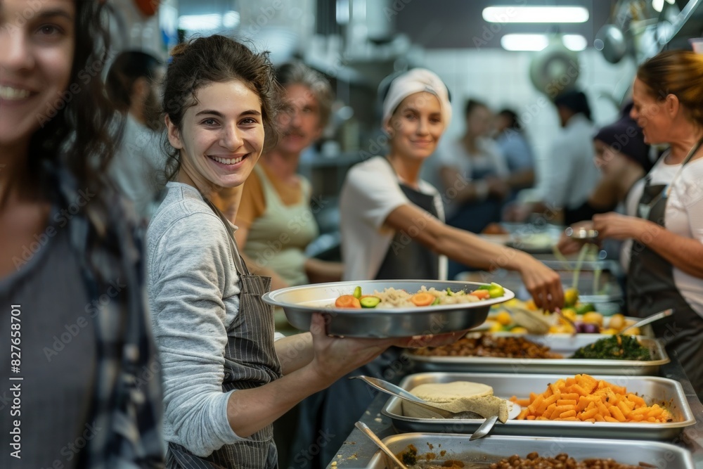 Volunteers serving hot meals to a diverse group of people in a bustling soup kitchen, with smiling faces and warm interactions, set against a backdrop of kitchen equipment and food trays Volunteers serving hot meals to a diverse group of people in a bustling soup kitchen, with smiling faces and warm interactions, set against a backdrop of kitchen equipment and food trays