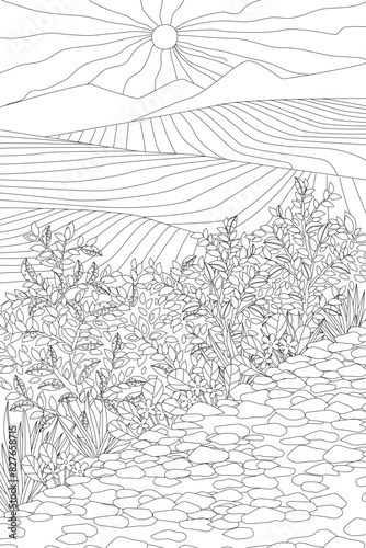coloring book page for adults and children. sunrise in mountain