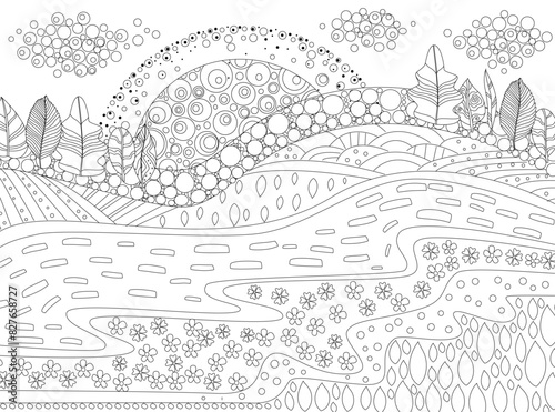 coloring book page for adults and children. sunrise over rural l © Aloksa