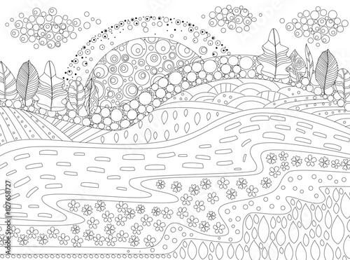 coloring book page for adults and children. sunrise over rural l
