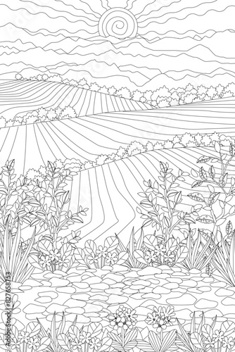 coloring book page for adults and children. sunrise in mountain © Aloksa