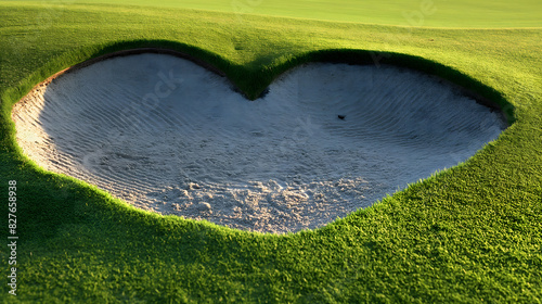 Heart-shaped sand trap on lush golf course photo