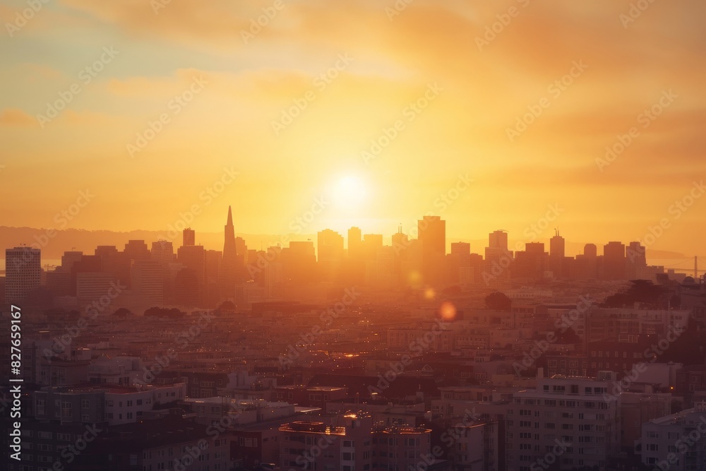 Fototapeta premium A city skyline at sunset with warm tones and subtle contrast, showcasing iconic buildings and urban landmarks, lightly color graded to enhance the golden hour ambiance, delivered in ProRes 422 (HQ)