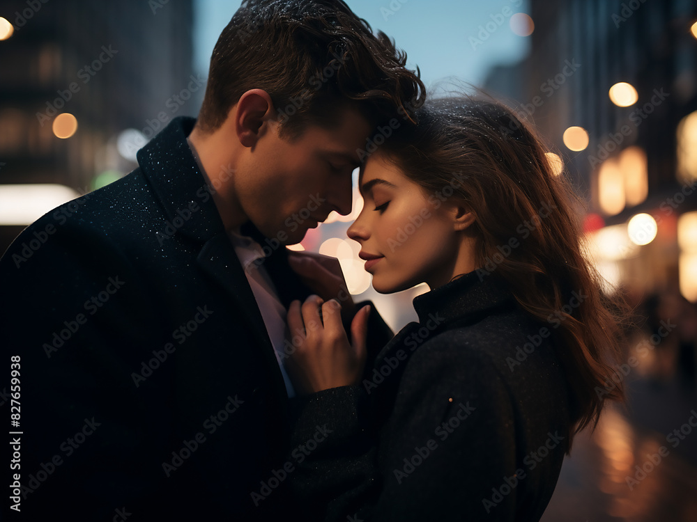 Romantic couple sharing an embrace with city lights as backdrop