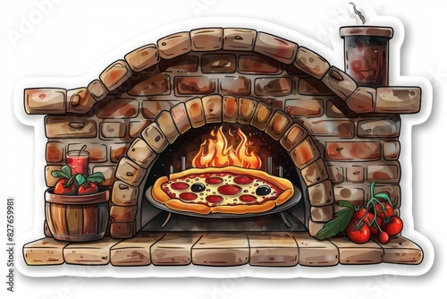 Illustration of a wood fired pizza oven with various toppings and herbs, evoking the authentic and rustic charm of traditional pizza making photo
