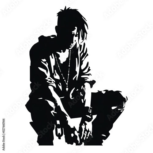 Verzweifelter Teenager in emotionaler Fesselung in schwarz-weiß Illustration isoliert transparent Hintergrund photo