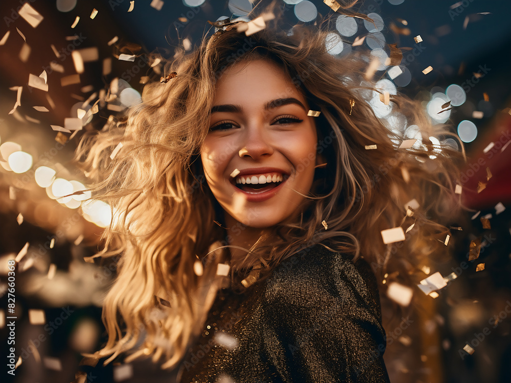 Festive spirit abounds as a girl joyfully dances amidst confetti Festive spirit abounds as a girl joyfully dances amidst confetti