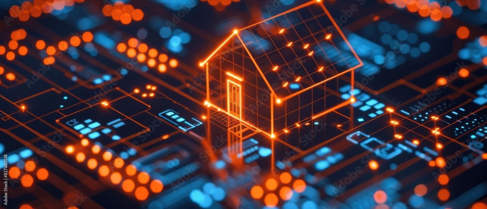 Futuristic smart home technology concept with glowing house icon on circuit board. Modern digital innovation, AI-driven home automation. Futuristic smart home technology concept with glowing house icon on circuit board. Modern digital innovation, AI-driven home automation.