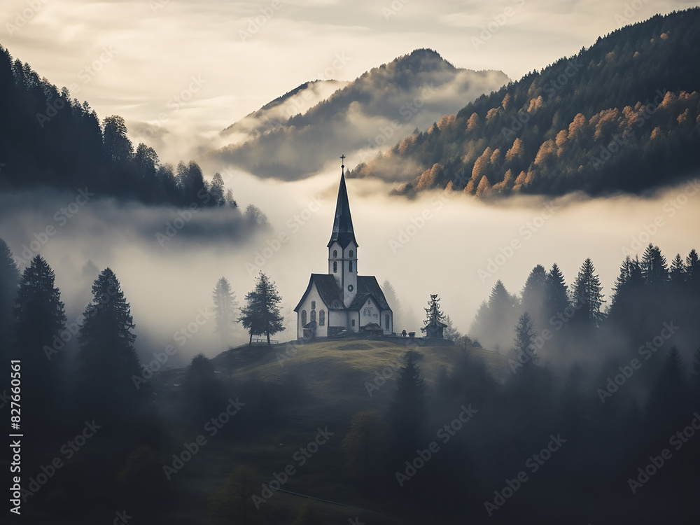 Ceahlau Mountains in Romania host a serene morning scene with a misty church