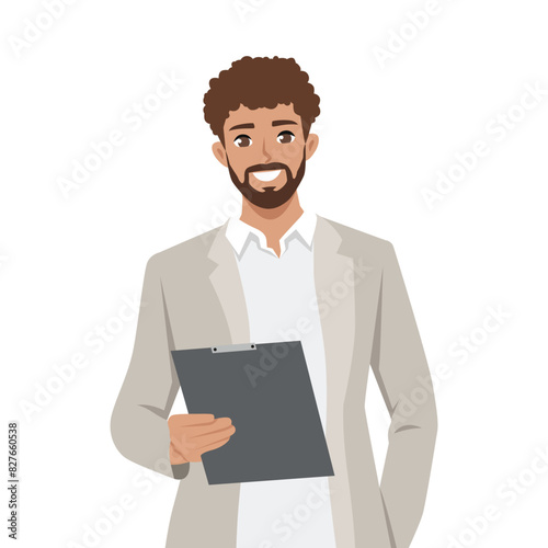Young mixed race businessman holding clipboard and smiling. Flat vector illustration isolated on white background