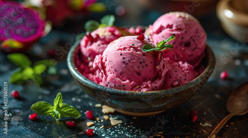 Delicious Fresh Dragon Fruit Ice Cream in Ceramic Bowl Decorate with Mint Leaves On Blurry Background
