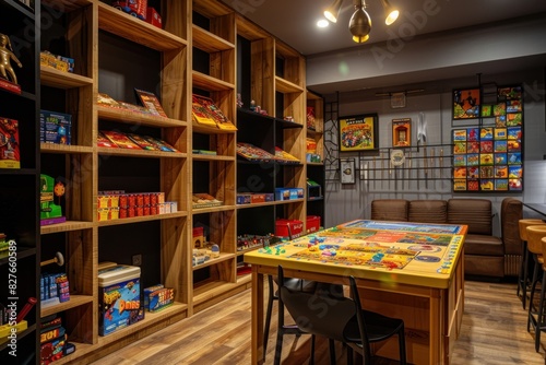 Game room with a collection of board games displayed on shelves and a large game table, designed for entertainment and social gatherings. photo