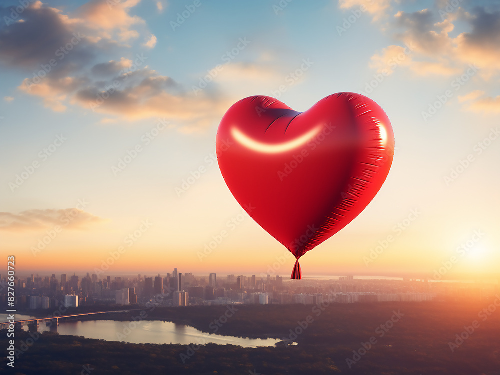 Fototapeta premium A heart-shaped red balloon adds romance to the sunset sky