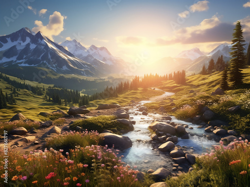 The mountains are bathed in the soft hues of sunrise, painting a stunning summer landscape