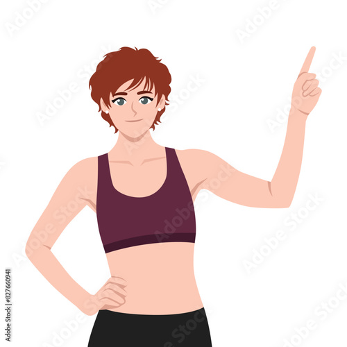 Sports woman pointing up ideas. Flat vector illustration isolated on white background