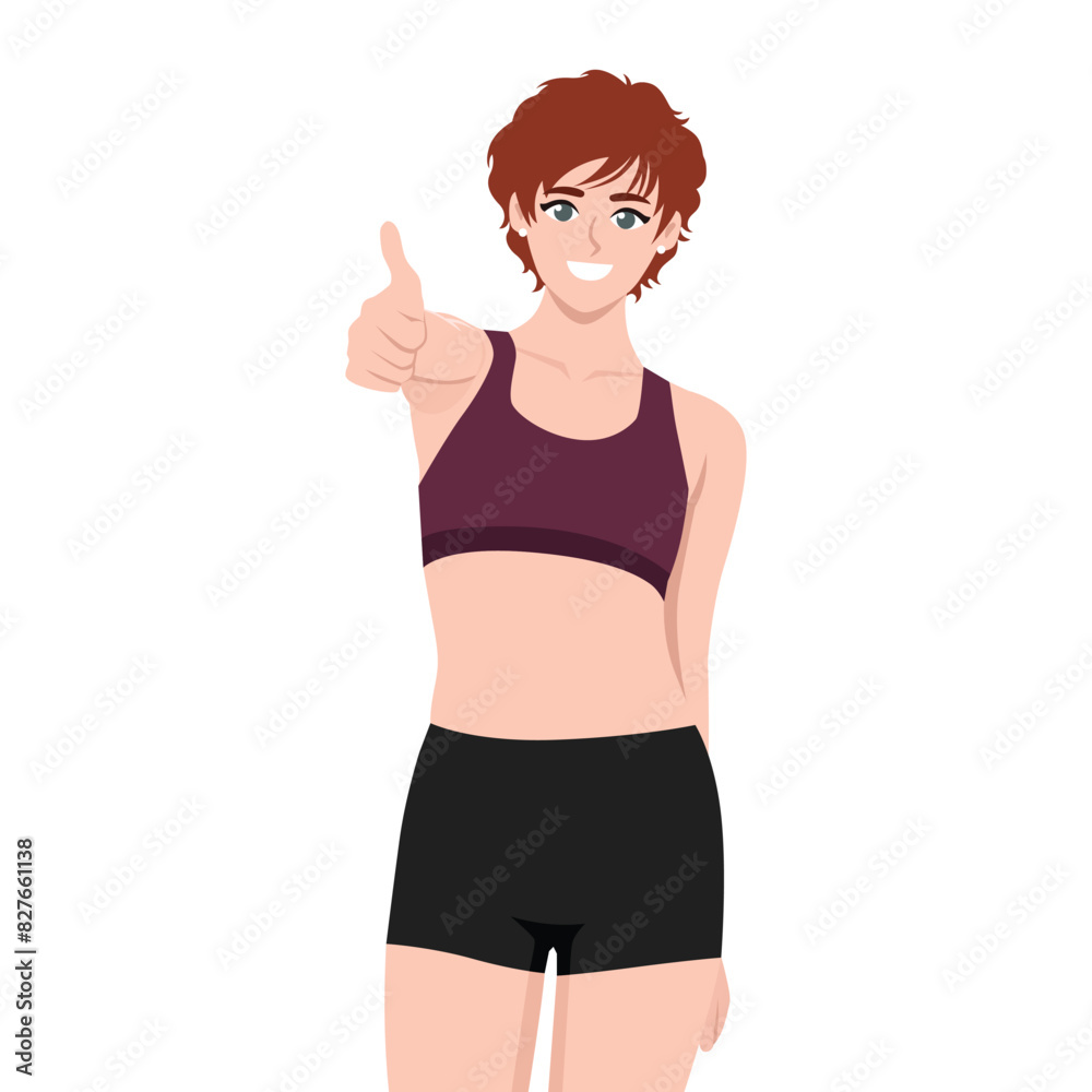 Smiling young sportswoman shows thumbs up. Flat vector illustration isolated on white background Smiling young sportswoman shows thumbs up. Flat vector illustration isolated on white background
