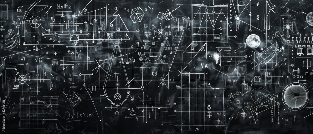 Intricate chalkboard filled with scientific formulas and complex engineering diagrams, symbolizing innovation, learning, and technical knowledge. Intricate chalkboard filled with scientific formulas and complex engineering diagrams, symbolizing innovation, learning, and technical knowledge.